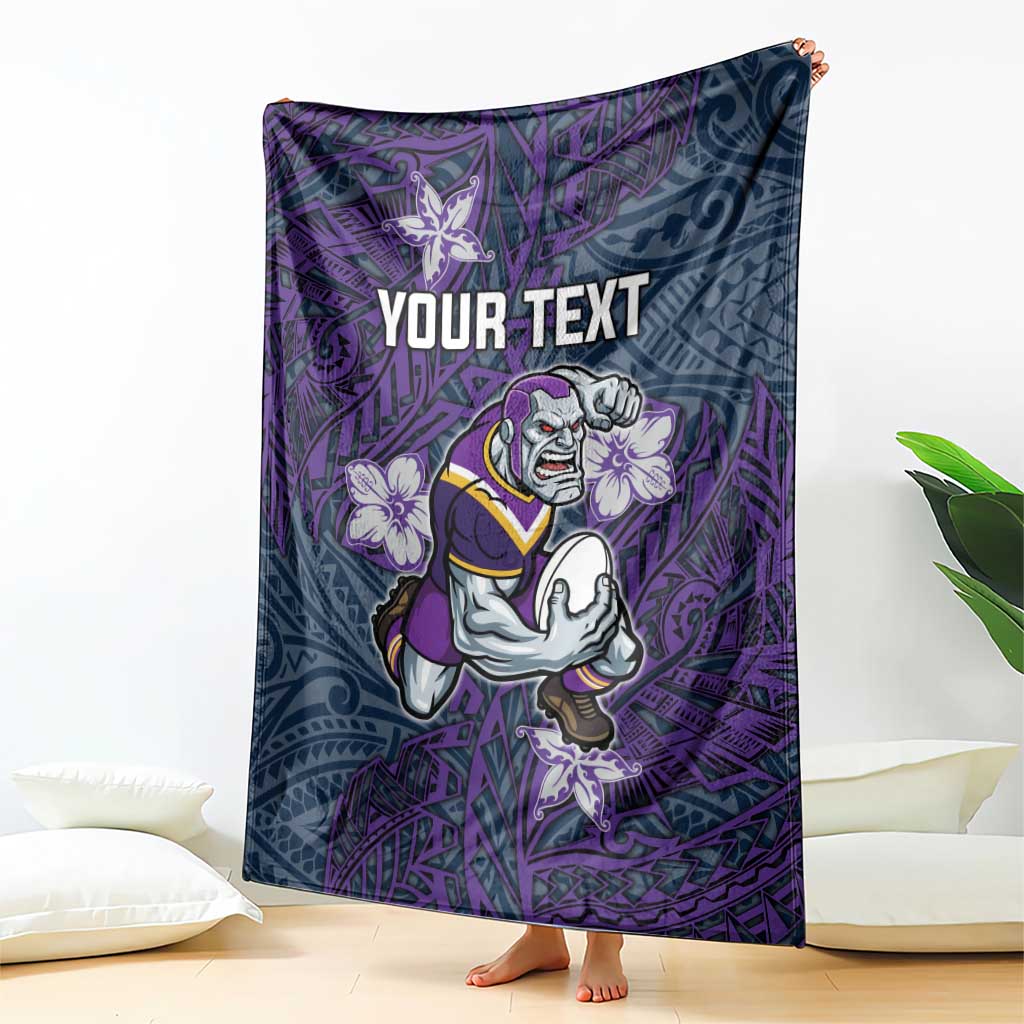 Personalised Melbourne Storm Blanket Polynesian Tribal Pattern With Rugby Storm Man Mascot Art