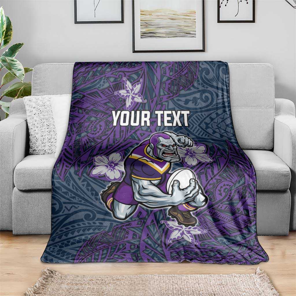 Personalised Melbourne Storm Blanket Polynesian Tribal Pattern With Rugby Storm Man Mascot Art