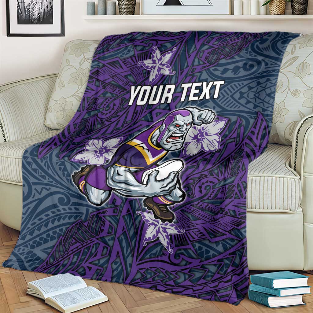 Personalised Melbourne Storm Blanket Polynesian Tribal Pattern With Rugby Storm Man Mascot Art
