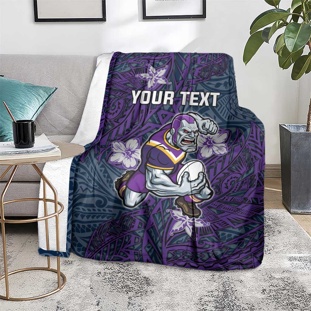 Personalised Melbourne Storm Blanket Polynesian Tribal Pattern With Rugby Storm Man Mascot Art
