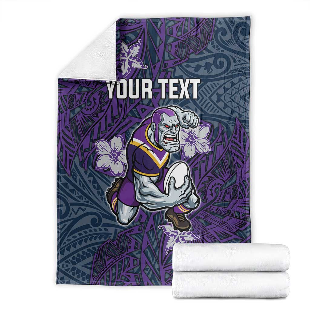 Personalised Melbourne Storm Blanket Polynesian Tribal Pattern With Rugby Storm Man Mascot Art
