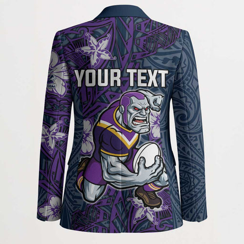 Personalised Melbourne Storm Blazer Polynesian Tribal Pattern With Rugby Storm Man Mascot Art