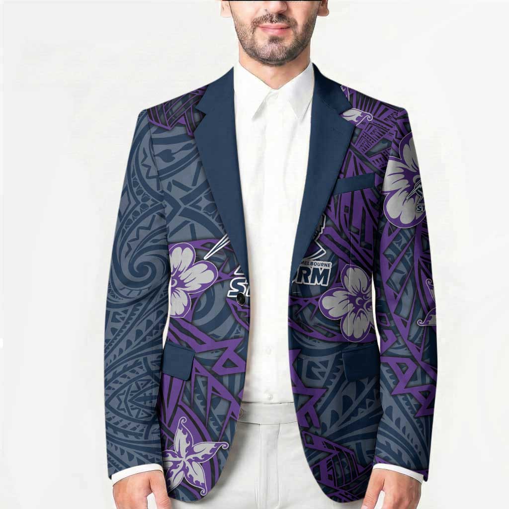Personalised Melbourne Storm Blazer Polynesian Tribal Pattern With Rugby Storm Man Mascot Art