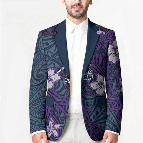 Personalised Melbourne Storm Blazer Polynesian Tribal Pattern With Rugby Storm Man Mascot Art