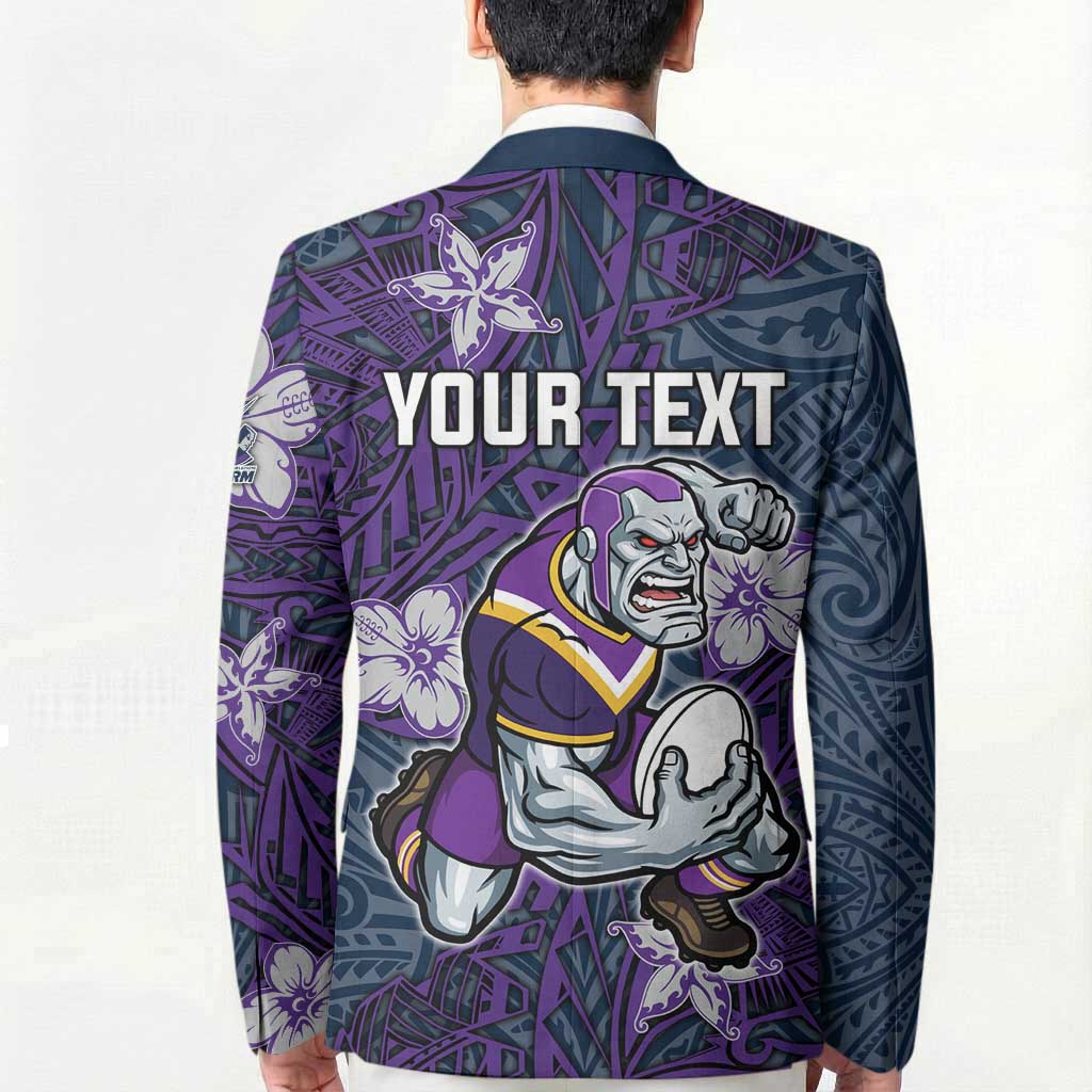 Personalised Melbourne Storm Blazer Polynesian Tribal Pattern With Rugby Storm Man Mascot Art
