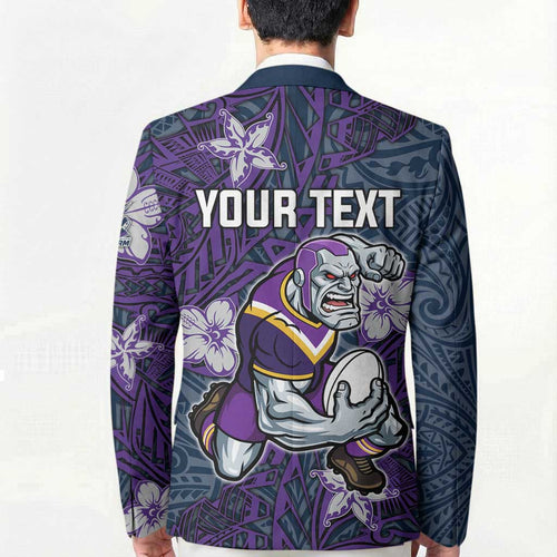 Personalised Melbourne Storm Blazer Polynesian Tribal Pattern With Rugby Storm Man Mascot Art