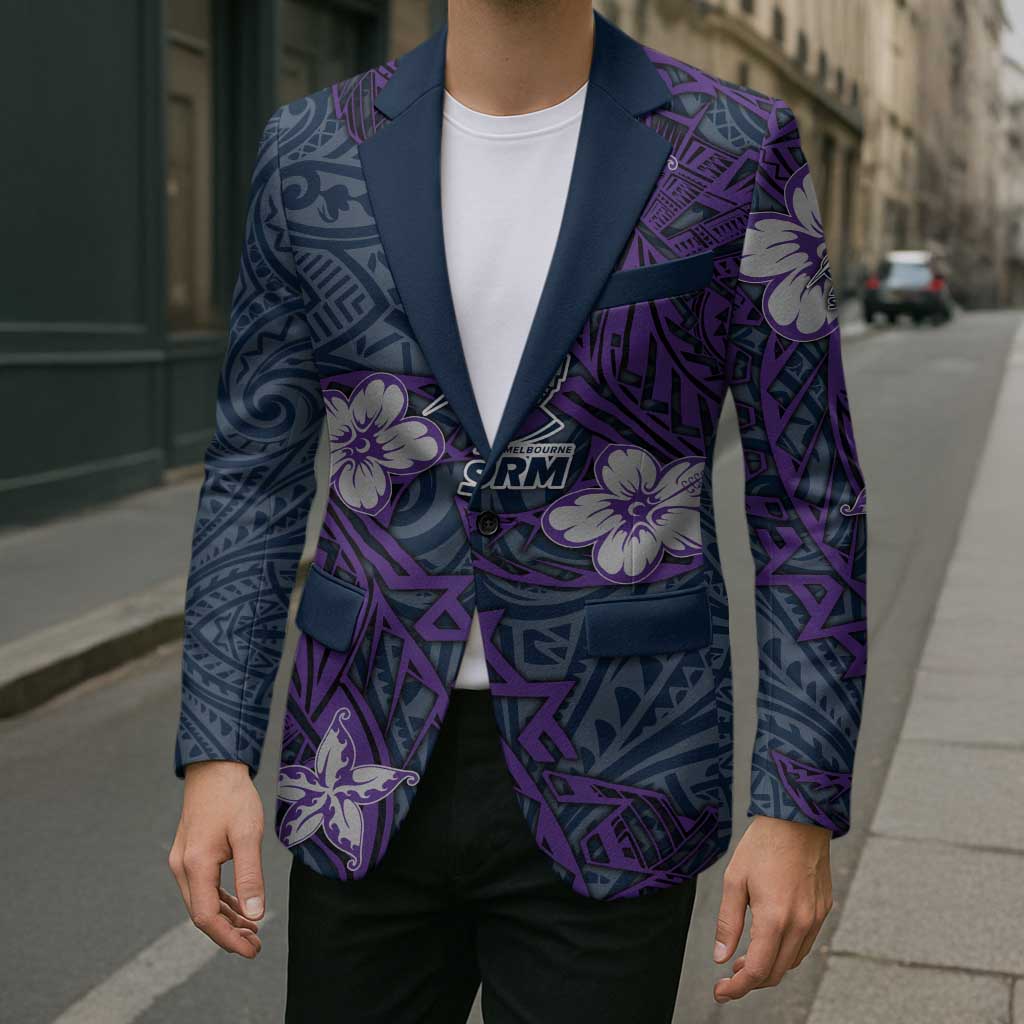 Personalised Melbourne Storm Blazer Polynesian Tribal Pattern With Rugby Storm Man Mascot Art