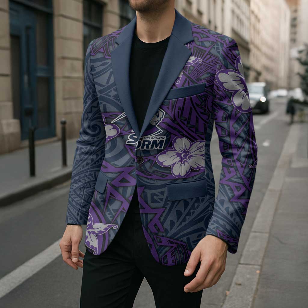 Personalised Melbourne Storm Blazer Polynesian Tribal Pattern With Rugby Storm Man Mascot Art