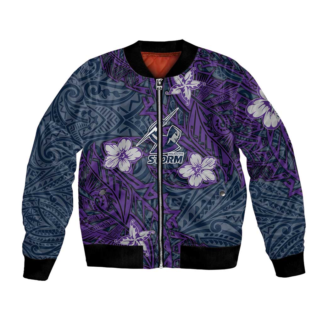 Personalised Melbourne Storm Bomber Jacket Polynesian Tribal Pattern With Rugby Storm Man Mascot Art