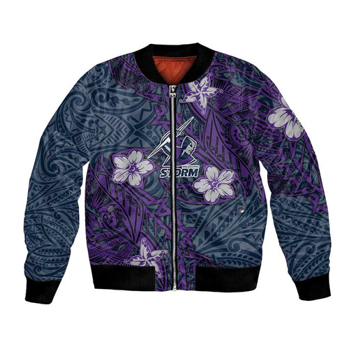 Personalised Melbourne Storm Bomber Jacket Polynesian Tribal Pattern With Rugby Storm Man Mascot Art