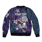 Personalised Melbourne Storm Bomber Jacket Polynesian Tribal Pattern With Rugby Storm Man Mascot Art