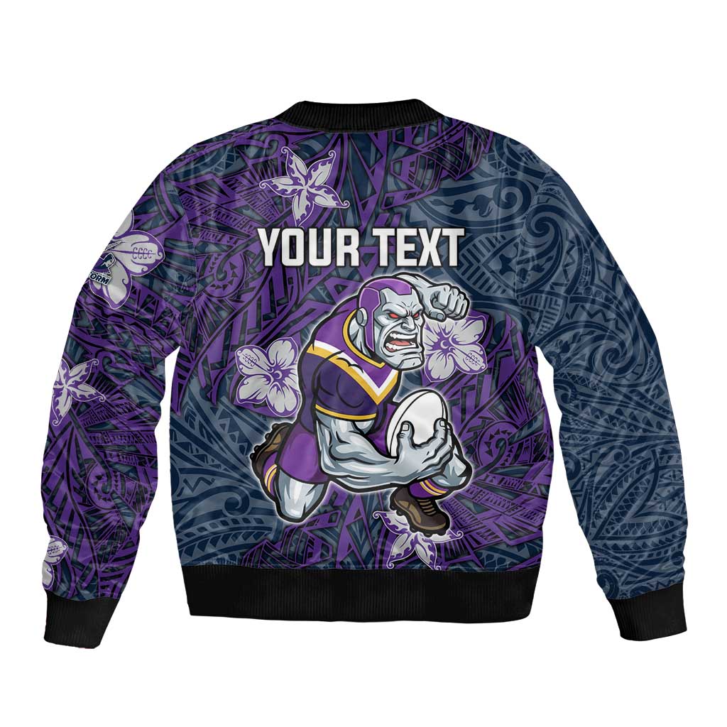 Personalised Melbourne Storm Bomber Jacket Polynesian Tribal Pattern With Rugby Storm Man Mascot Art
