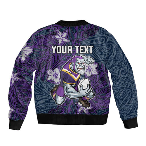 Personalised Melbourne Storm Bomber Jacket Polynesian Tribal Pattern With Rugby Storm Man Mascot Art