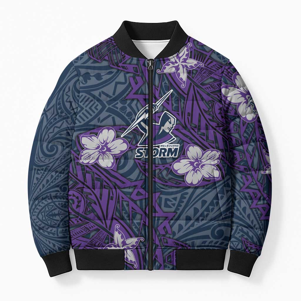 Personalised Melbourne Storm Bomber Puffer Jacket Polynesian Tribal Pattern With Rugby Storm Man Mascot Art