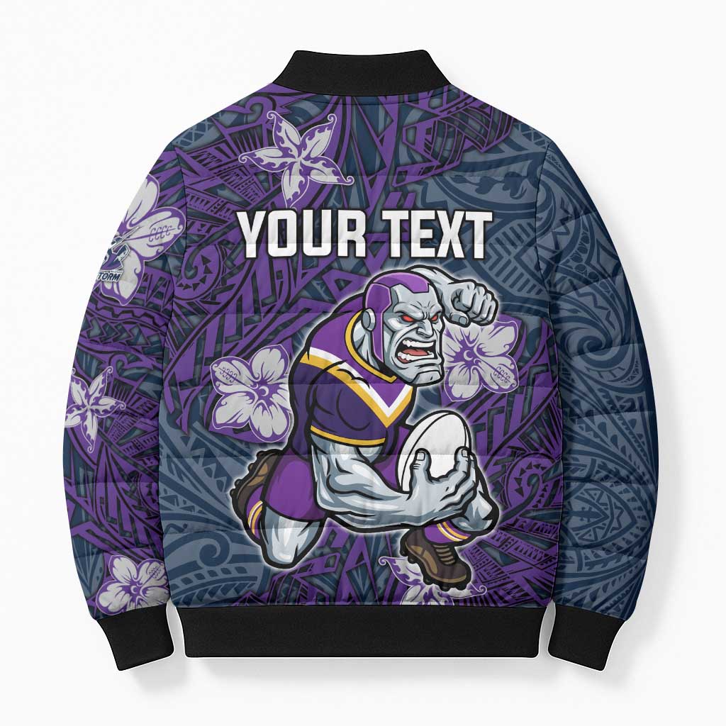 Personalised Melbourne Storm Bomber Puffer Jacket Polynesian Tribal Pattern With Rugby Storm Man Mascot Art