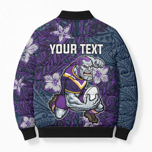 Personalised Melbourne Storm Bomber Puffer Jacket Polynesian Tribal Pattern With Rugby Storm Man Mascot Art