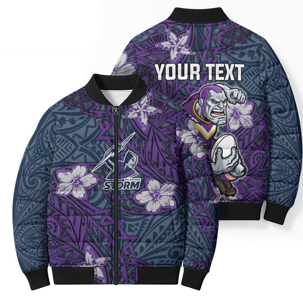 Personalised Melbourne Storm Bomber Puffer Jacket Polynesian Tribal Pattern With Rugby Storm Man Mascot Art