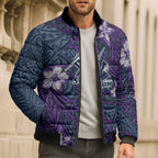 Personalised Melbourne Storm Bomber Puffer Jacket Polynesian Tribal Pattern With Rugby Storm Man Mascot Art