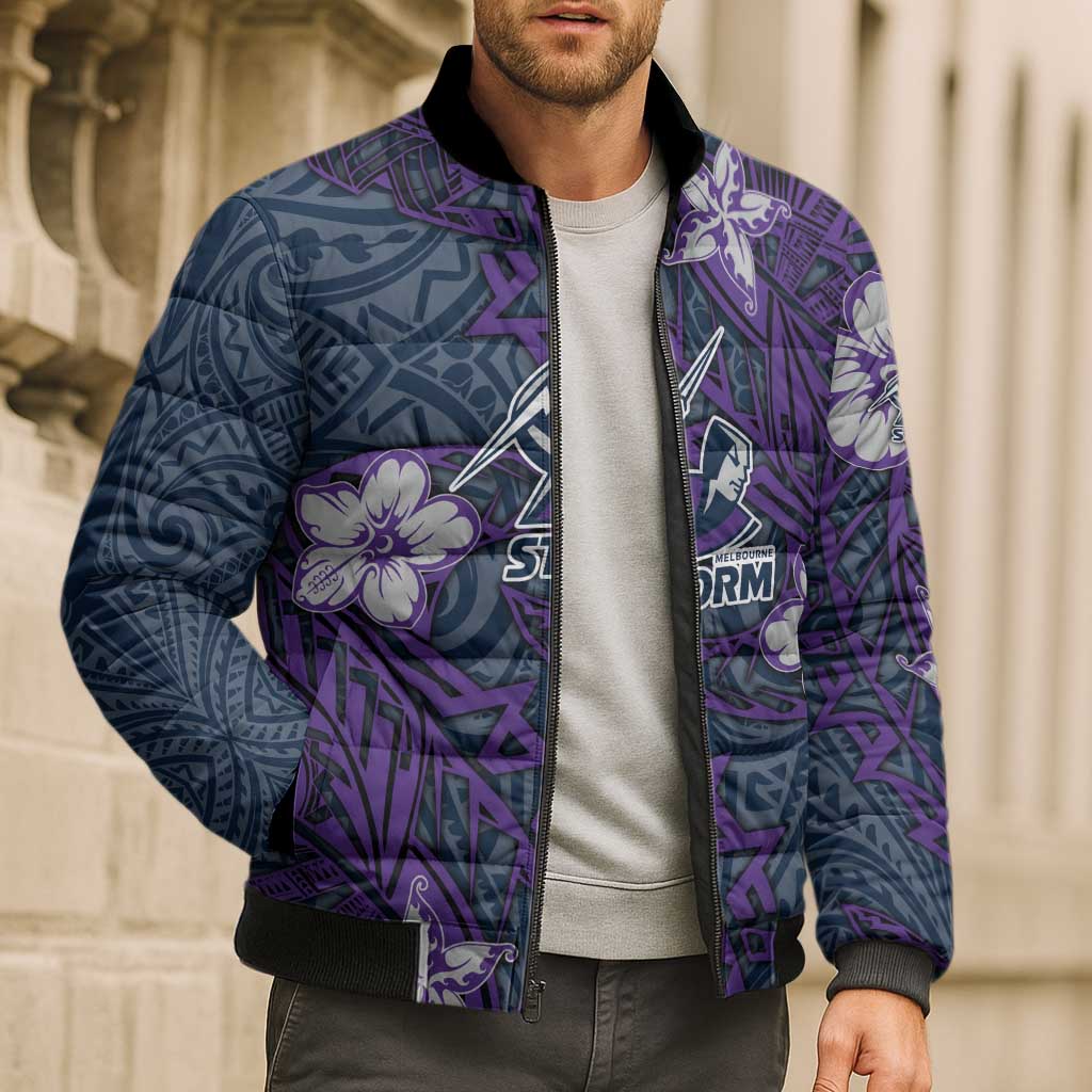 Personalised Melbourne Storm Bomber Puffer Jacket Polynesian Tribal Pattern With Rugby Storm Man Mascot Art