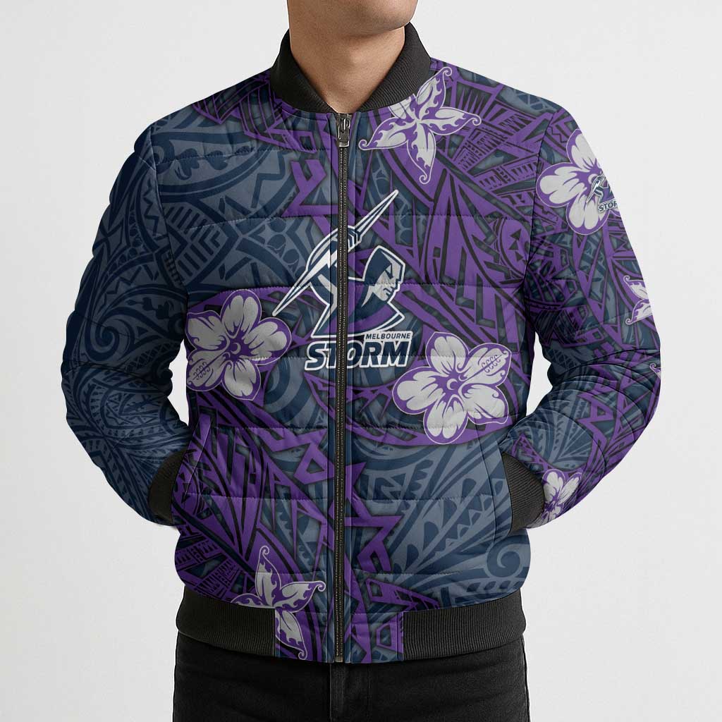 Personalised Melbourne Storm Bomber Puffer Jacket Polynesian Tribal Pattern With Rugby Storm Man Mascot Art