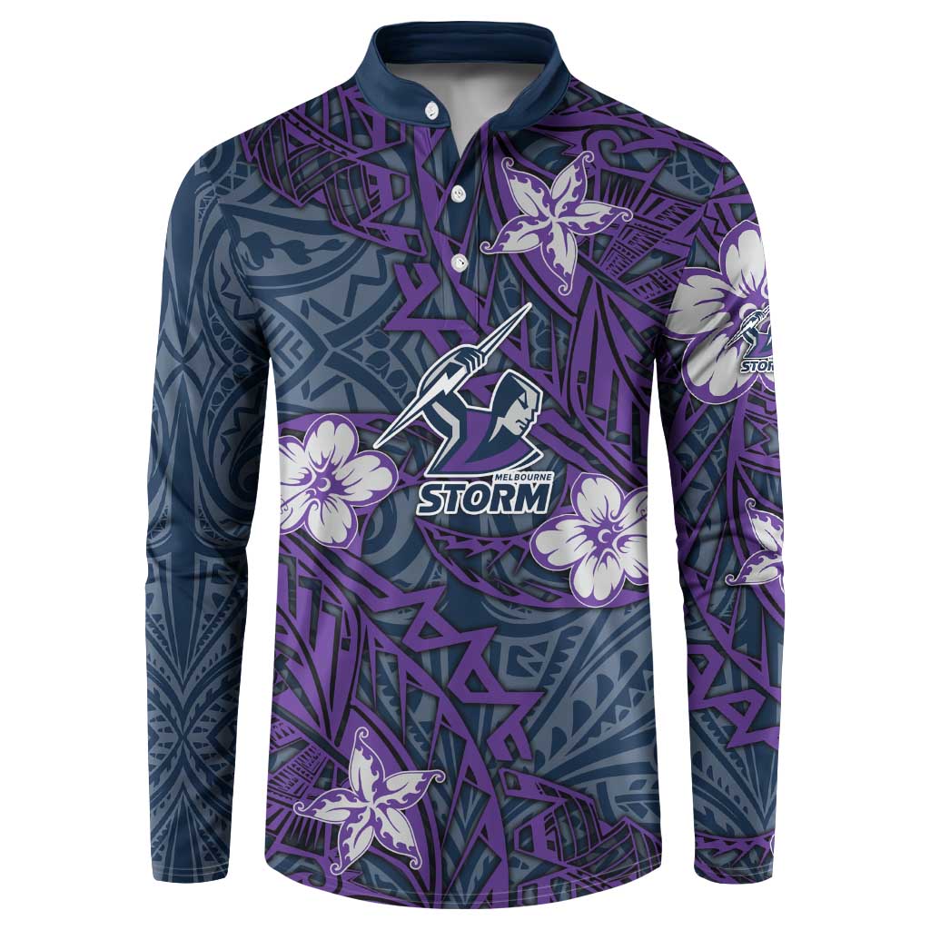Personalised Melbourne Storm Button Sweatshirt Polynesian Tribal Pattern With Rugby Storm Man Mascot Art