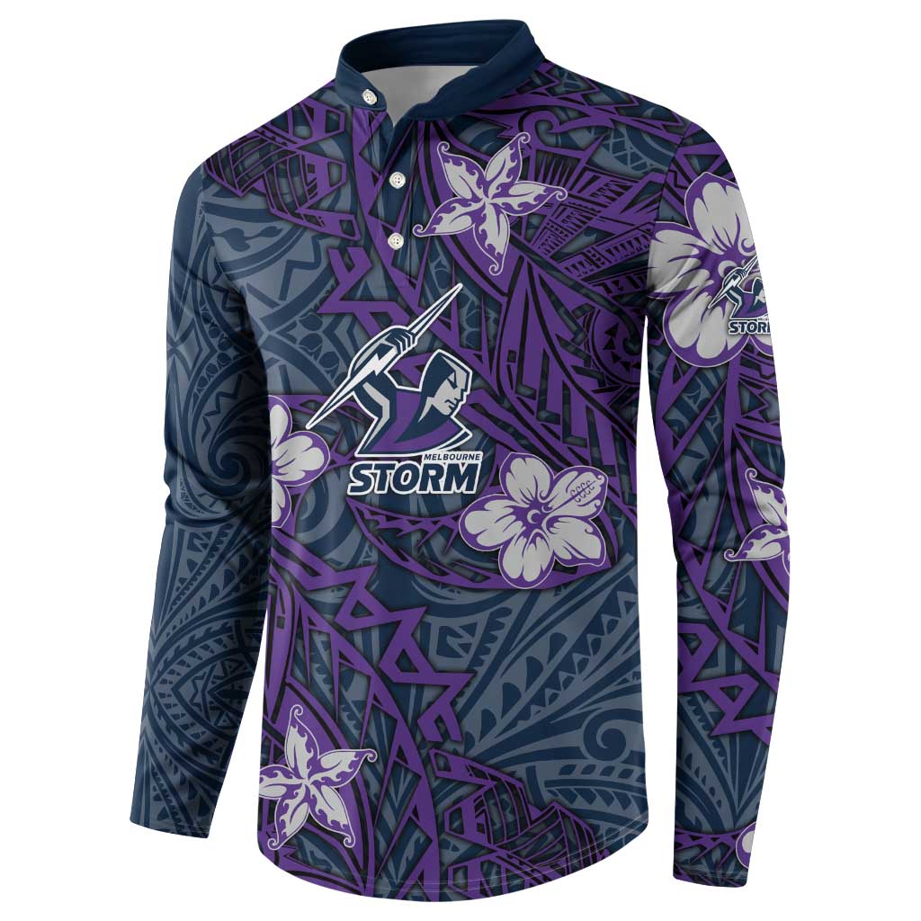 Personalised Melbourne Storm Button Sweatshirt Polynesian Tribal Pattern With Rugby Storm Man Mascot Art