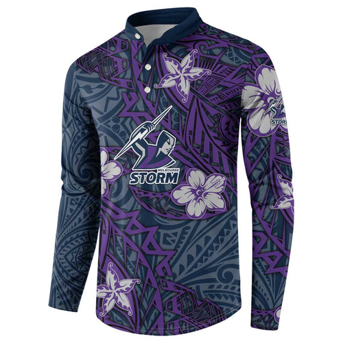 Personalised Melbourne Storm Button Sweatshirt Polynesian Tribal Pattern With Rugby Storm Man Mascot Art