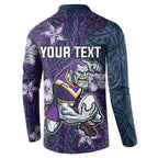 Personalised Melbourne Storm Button Sweatshirt Polynesian Tribal Pattern With Rugby Storm Man Mascot Art