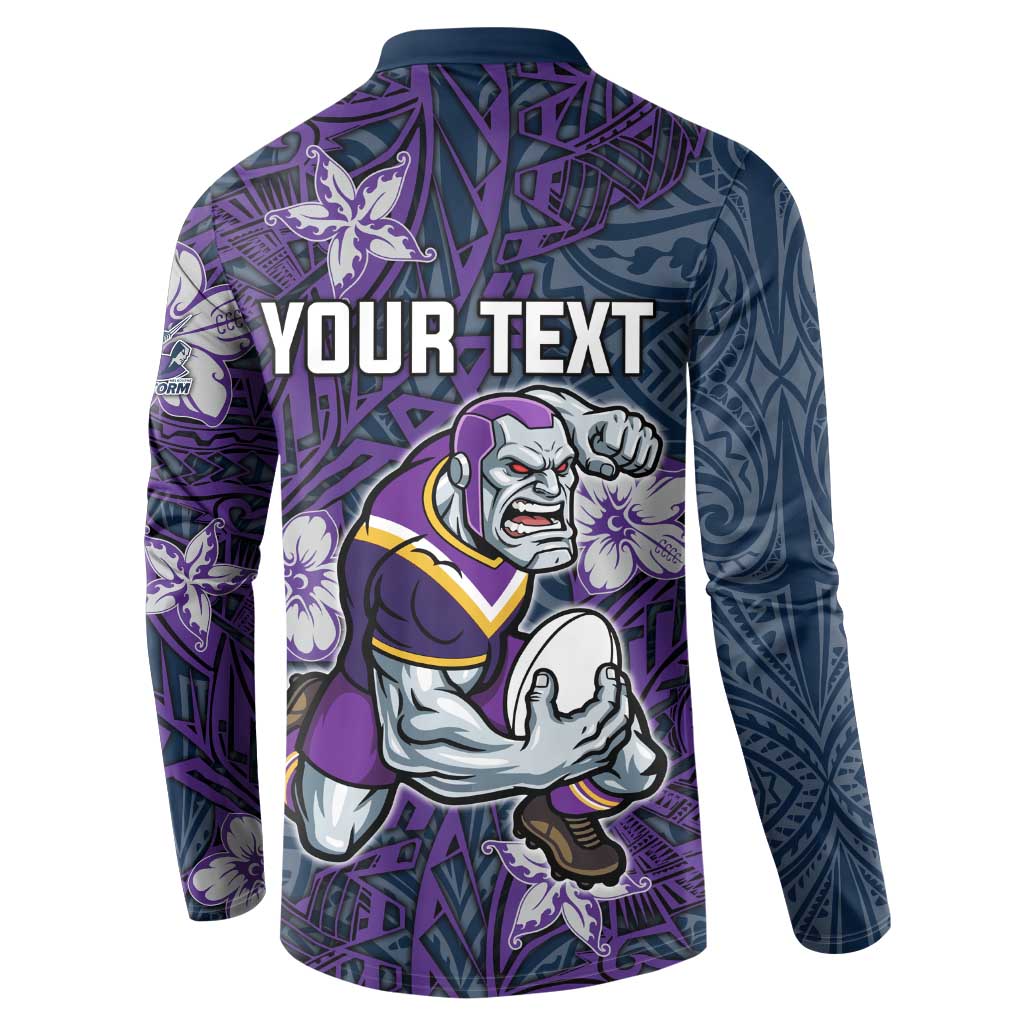 Personalised Melbourne Storm Button Sweatshirt Polynesian Tribal Pattern With Rugby Storm Man Mascot Art