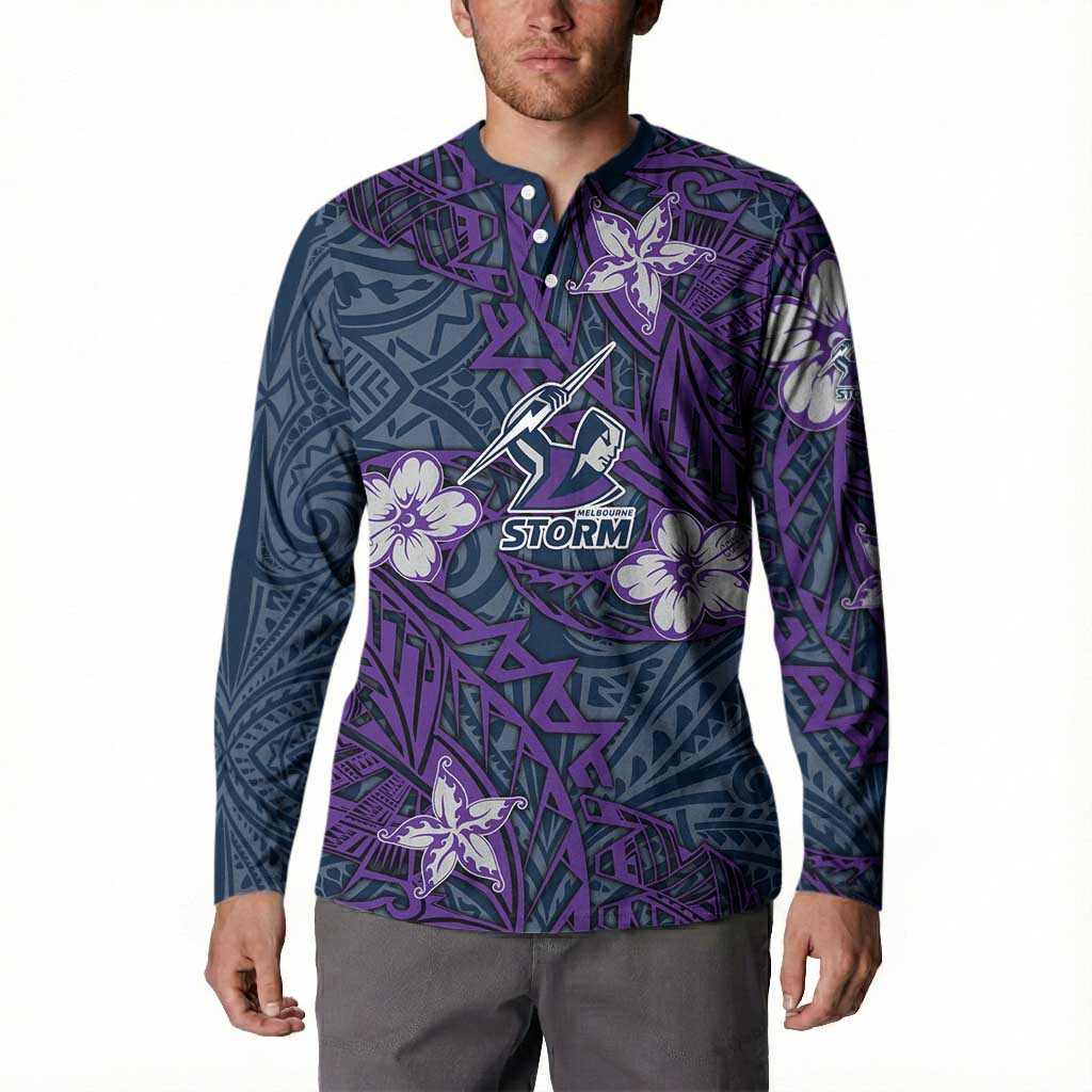 Personalised Melbourne Storm Button Sweatshirt Polynesian Tribal Pattern With Rugby Storm Man Mascot Art