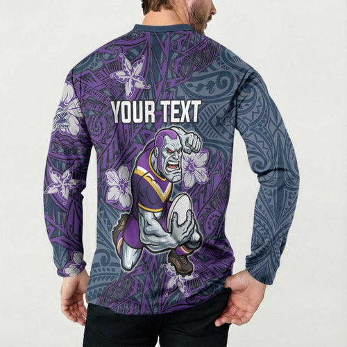 Personalised Melbourne Storm Button Sweatshirt Polynesian Tribal Pattern With Rugby Storm Man Mascot Art