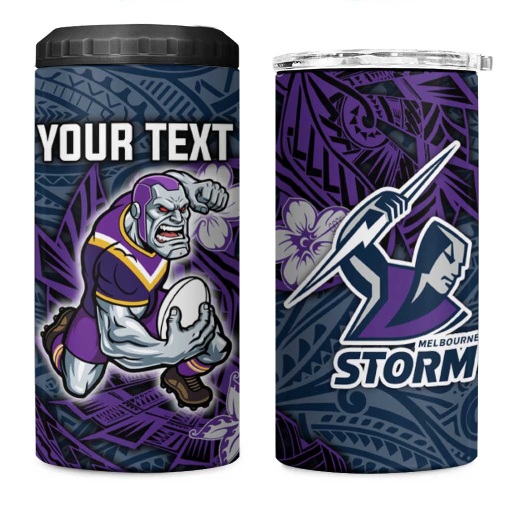 Personalised Melbourne Storm 4 in 1 Can Cooler Tumbler Polynesian Tribal Pattern With Rugby Storm Man Mascot Art