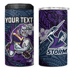 Personalised Melbourne Storm 4 in 1 Can Cooler Tumbler Polynesian Tribal Pattern With Rugby Storm Man Mascot Art