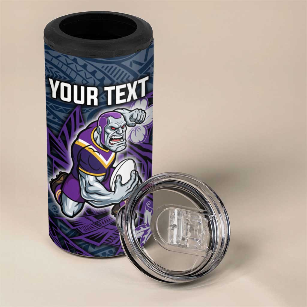 Personalised Melbourne Storm 4 in 1 Can Cooler Tumbler Polynesian Tribal Pattern With Rugby Storm Man Mascot Art