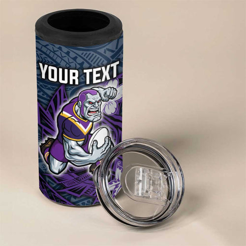 Personalised Melbourne Storm 4 in 1 Can Cooler Tumbler Polynesian Tribal Pattern With Rugby Storm Man Mascot Art
