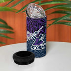 Personalised Melbourne Storm 4 in 1 Can Cooler Tumbler Polynesian Tribal Pattern With Rugby Storm Man Mascot Art