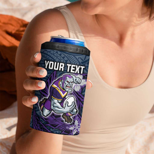 Personalised Melbourne Storm 4 in 1 Can Cooler Tumbler Polynesian Tribal Pattern With Rugby Storm Man Mascot Art