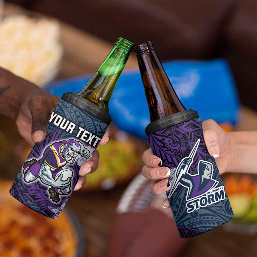 Personalised Melbourne Storm 4 in 1 Can Cooler Tumbler Polynesian Tribal Pattern With Rugby Storm Man Mascot Art