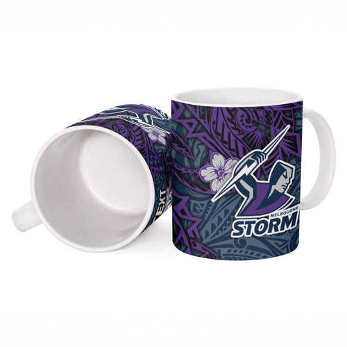 Personalised Melbourne Storm Ceramic Mug Polynesian Tribal Pattern With Rugby Storm Man Mascot Art