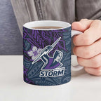 Personalised Melbourne Storm Ceramic Mug Polynesian Tribal Pattern With Rugby Storm Man Mascot Art