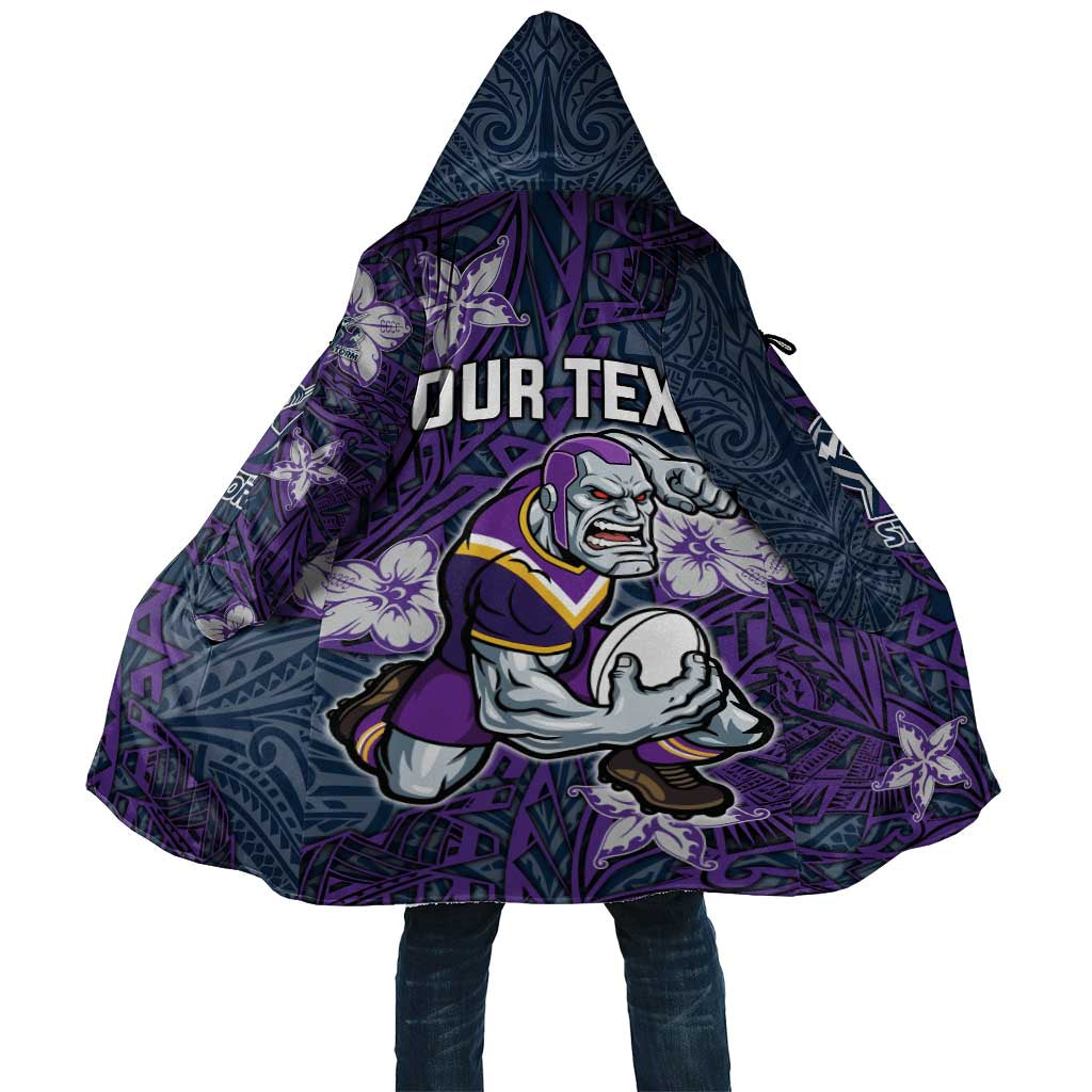 Personalised Melbourne Storm Cloak Polynesian Tribal Pattern With Rugby Storm Man Mascot Art