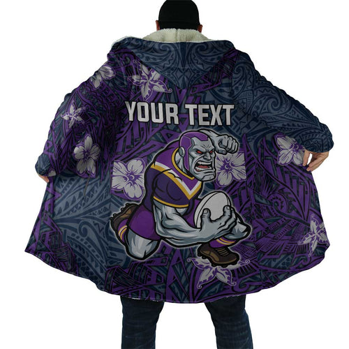 Personalised Melbourne Storm Cloak Polynesian Tribal Pattern With Rugby Storm Man Mascot Art