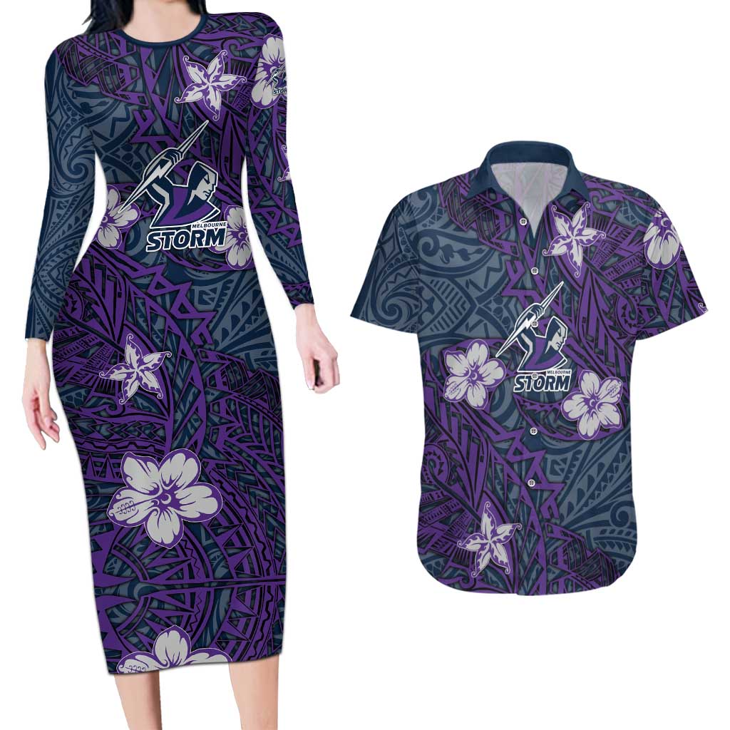 Personalised Melbourne Storm Couples Matching Long Sleeve Bodycon Dress and Hawaiian Shirt Polynesian Tribal Pattern With Rugby Storm Man Mascot Art