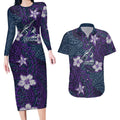 Personalised Melbourne Storm Couples Matching Long Sleeve Bodycon Dress and Hawaiian Shirt Polynesian Tribal Pattern With Rugby Storm Man Mascot Art