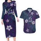 Personalised Melbourne Storm Couples Matching Long Sleeve Bodycon Dress and Hawaiian Shirt Polynesian Tribal Pattern With Rugby Storm Man Mascot Art