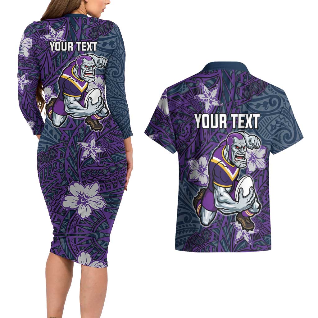 Personalised Melbourne Storm Couples Matching Long Sleeve Bodycon Dress and Hawaiian Shirt Polynesian Tribal Pattern With Rugby Storm Man Mascot Art