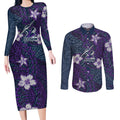 Personalised Melbourne Storm Couples Matching Long Sleeve Bodycon Dress and Long Sleeve Button Shirt Polynesian Tribal Pattern With Rugby Storm Man Mascot Art