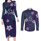 Personalised Melbourne Storm Couples Matching Long Sleeve Bodycon Dress and Long Sleeve Button Shirt Polynesian Tribal Pattern With Rugby Storm Man Mascot Art