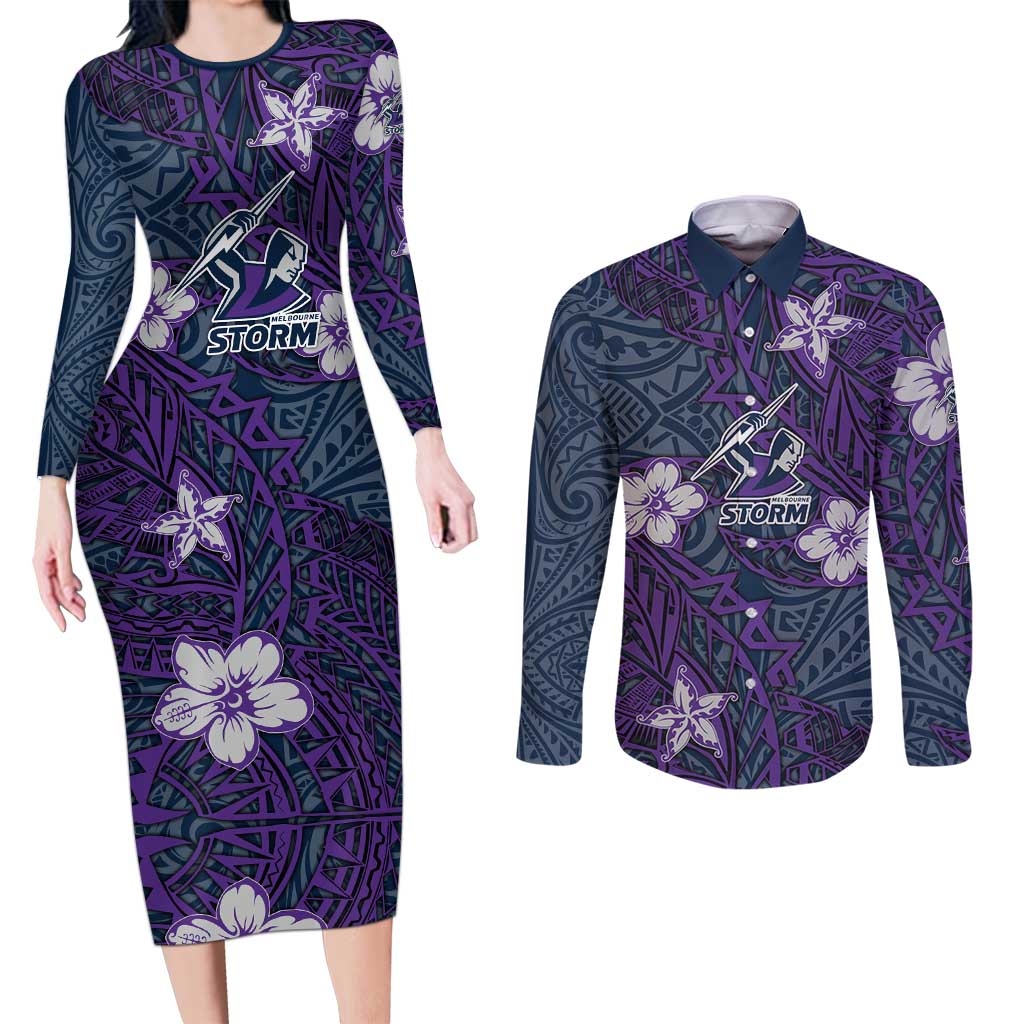 Personalised Melbourne Storm Couples Matching Long Sleeve Bodycon Dress and Long Sleeve Button Shirt Polynesian Tribal Pattern With Rugby Storm Man Mascot Art