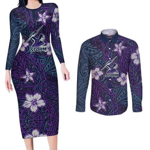 Personalised Melbourne Storm Couples Matching Long Sleeve Bodycon Dress and Long Sleeve Button Shirt Polynesian Tribal Pattern With Rugby Storm Man Mascot Art